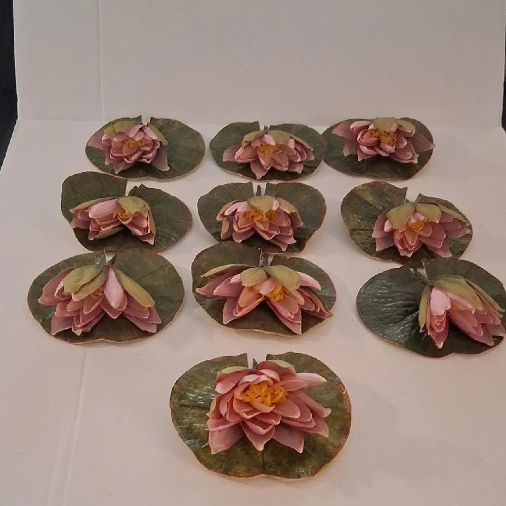 Handmade Pink Faux Water Lily Lotus Pond Picks Craft Floral Decor Set of 10